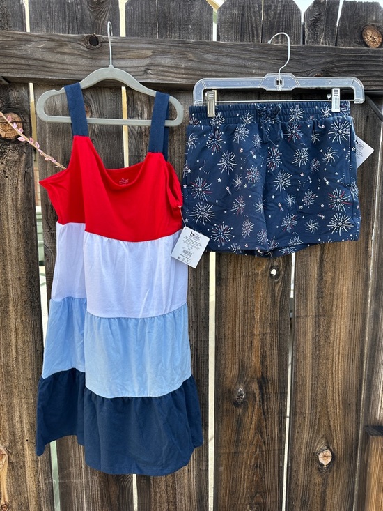 Celebrate Patriotic Other - Girls Patriotic Red White & Navy Tiered Dress with Firework Print July 4th
